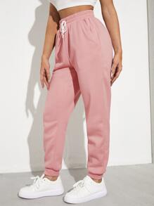SHEIN EZwear Solid Drawstring Waist Slant Pocket Joggers - Baby Pink - View 3