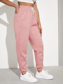 SHEIN EZwear Solid Drawstring Waist Slant Pocket Joggers - Baby Pink - View 4