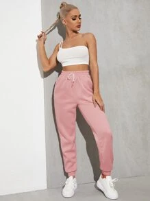 SHEIN EZwear Solid Drawstring Waist Slant Pocket Joggers - Baby Pink - View 5