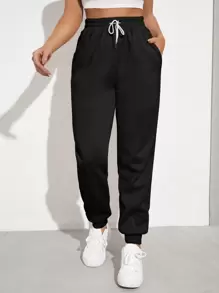 Muchica Solid Drawstring Waist Slant Pocket Sweatpants - Black - View 1