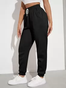 Muchica Solid Drawstring Waist Slant Pocket Sweatpants - Black - View 3