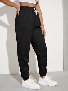 Muchica Solid Drawstring Waist Slant Pocket Sweatpants - Black - View 4