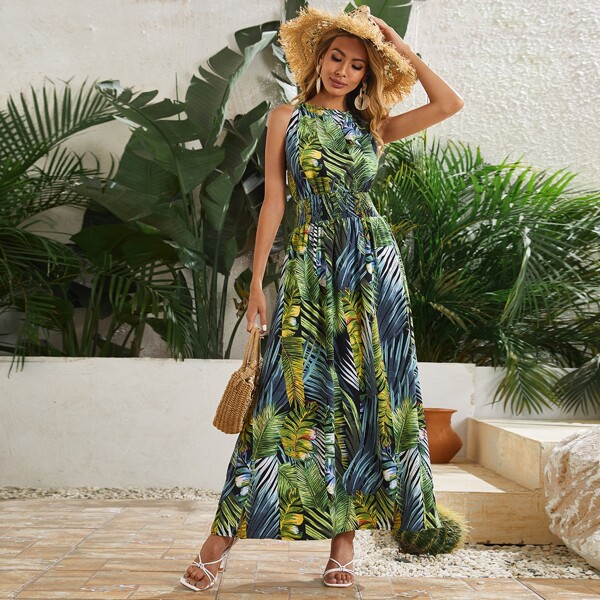 

Tropical Print Shirred Waist Dress, Multicolor