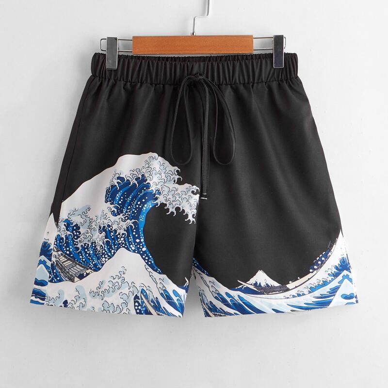 

Wave Graphic Tie Front Shorts, Black