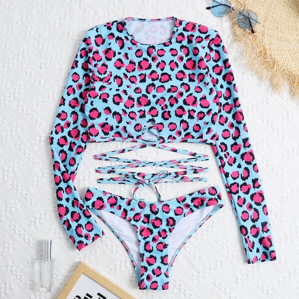 

Leopard Print Crisscross Bikini Swimsuit, Multicolor
