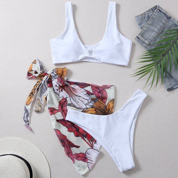

3pack Plain Bikini Swimsuit & Floral Beach Skirt, White