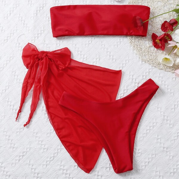 

3pack Bandeau Bikini Swimsuit & Beach Skirt, Red