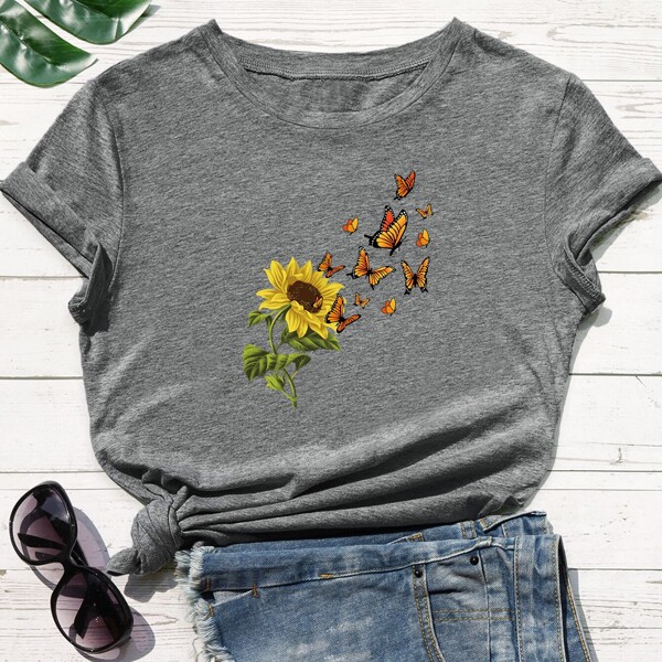 

Sunflower And Butterfly Print Tee, Dark grey