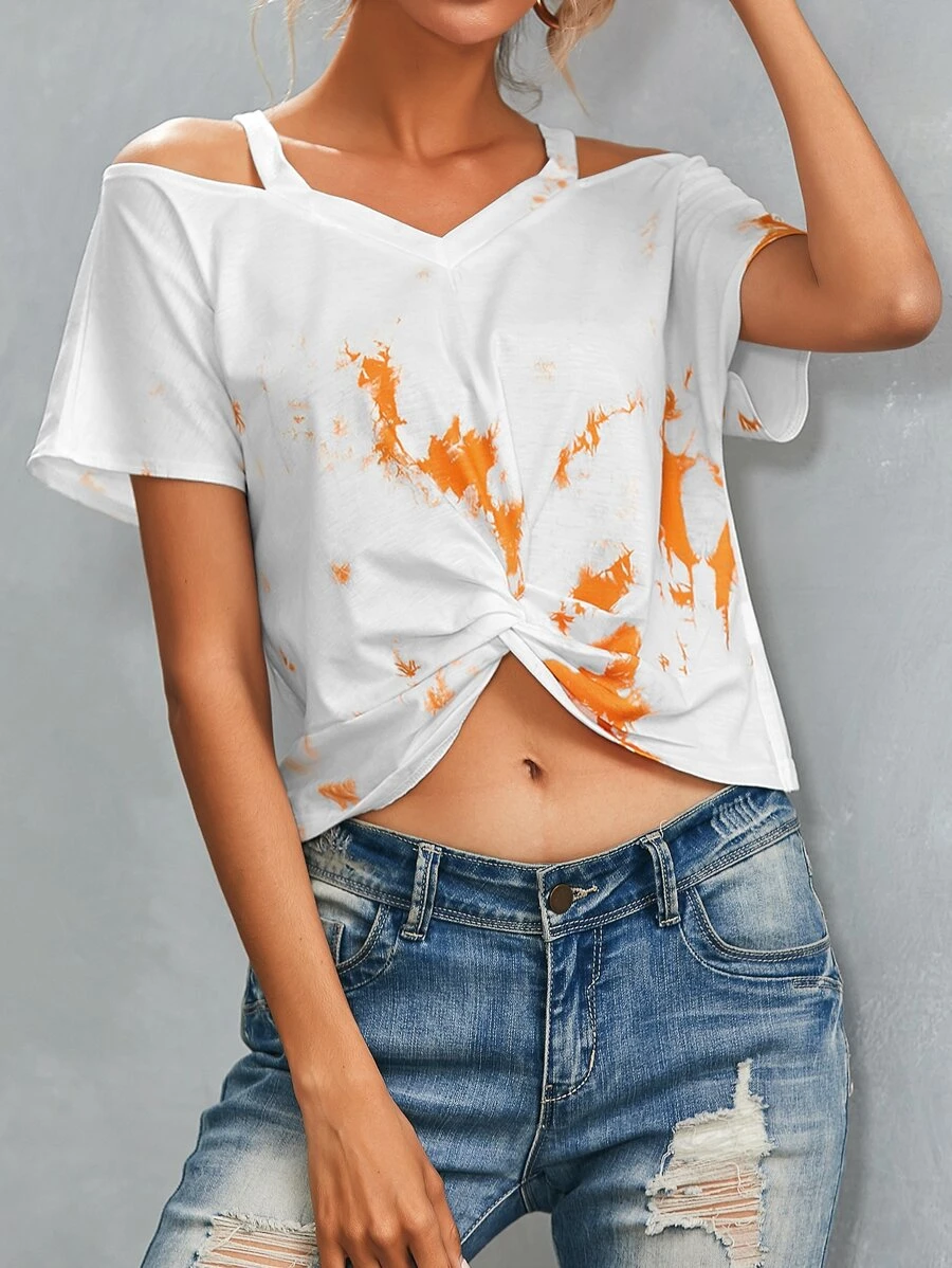 SHEIN Unity Twist Hem Cold Shoulder Tie Dye Tee - White - View 1