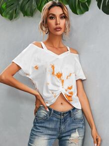 SHEIN Unity Twist Hem Cold Shoulder Tie Dye Tee - White - View 3