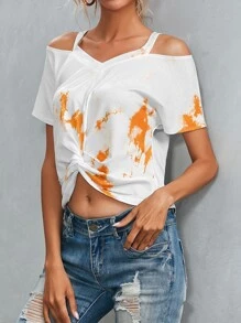 SHEIN Unity Twist Hem Cold Shoulder Tie Dye Tee - White - View 4