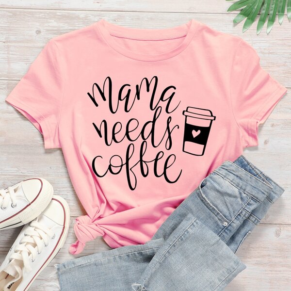 

Slogan And Graphic Print Tee, Baby pink