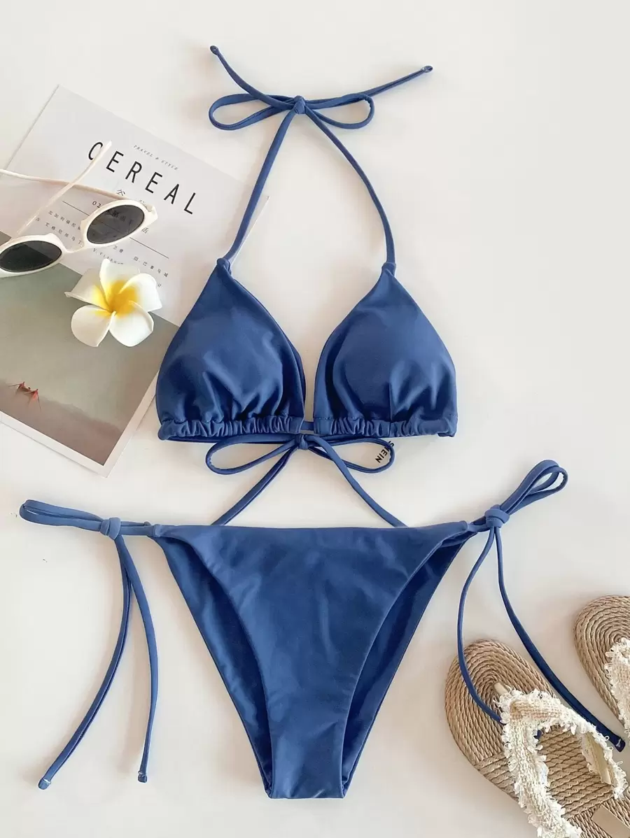SHEIN Swim Bikini triangular con lazos laterales para playa de verano - Azul Marino - Ver 1