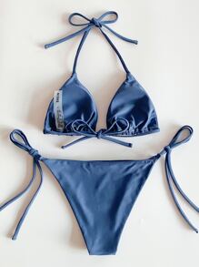 SHEIN Swim Bikini triangular con lazos laterales para playa de verano - Azul Marino - Ver 2
