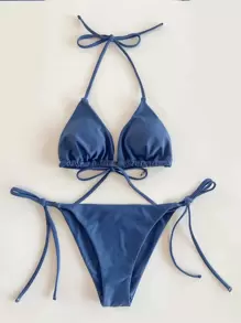 SHEIN Swim Bikini triangular con lazos laterales para playa de verano - Azul Marino - Ver 4