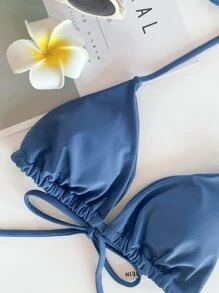 SHEIN Swim Bikini triangular con lazos laterales para playa de verano - Azul Marino - Ver 5