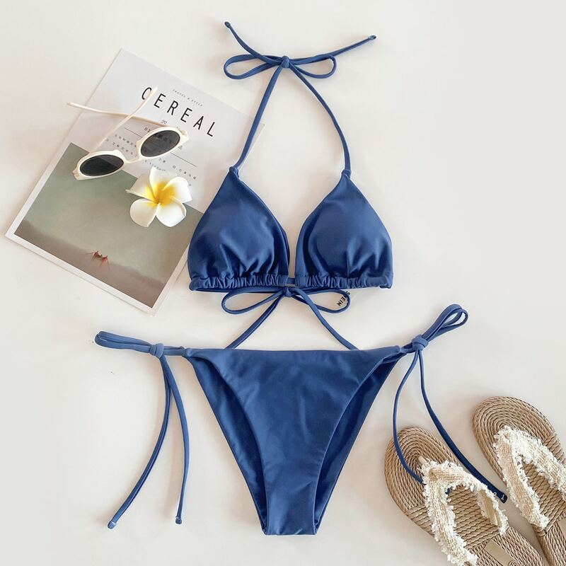 

Triangle Tie Side Bikini Swimsuit, Navy blue