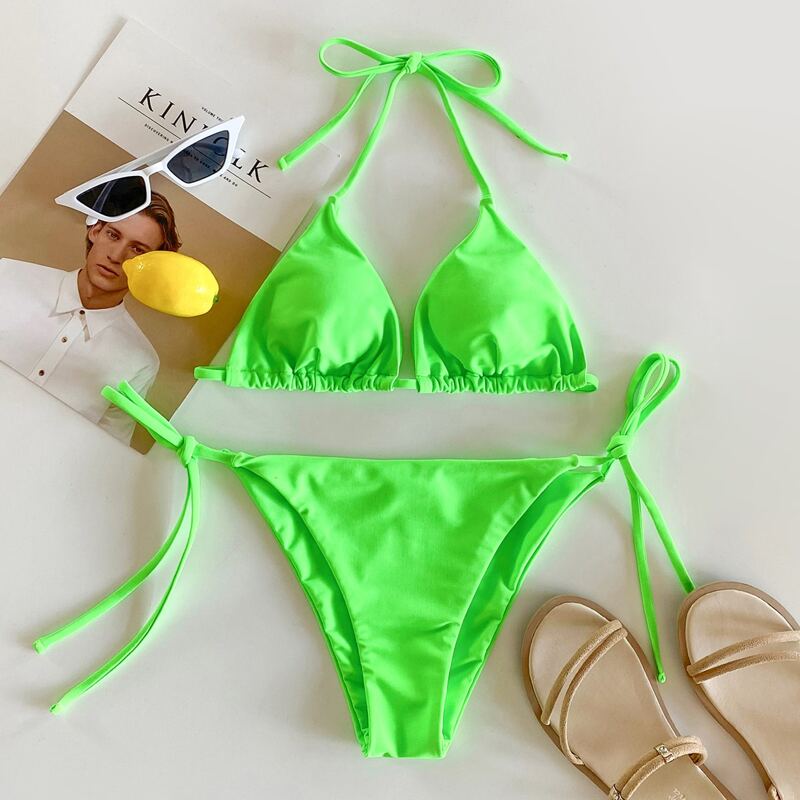

Triangle Tie Side Bikini Swimsuit, Lime green