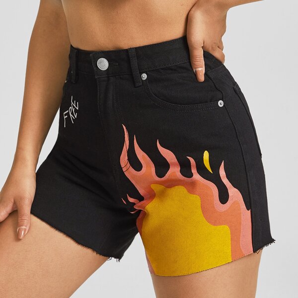 

Zipper Fly Letter & Fire Print Denim Shorts, Black