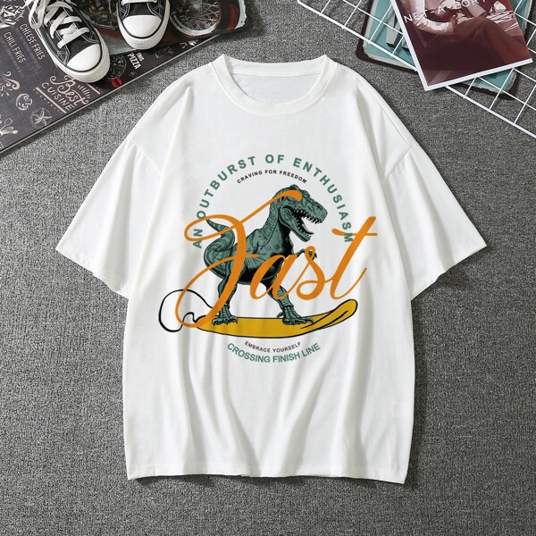 

Men Letter And Dinosaur Print Tee, White