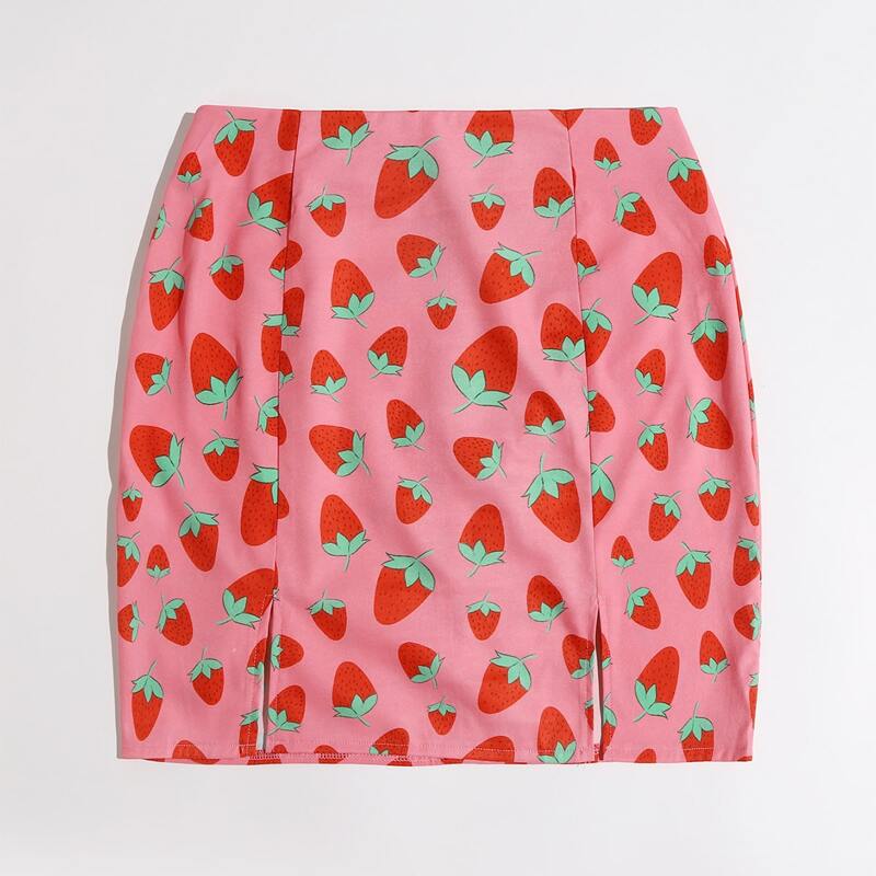 

Strawberry Print Split Skirt, Multicolor