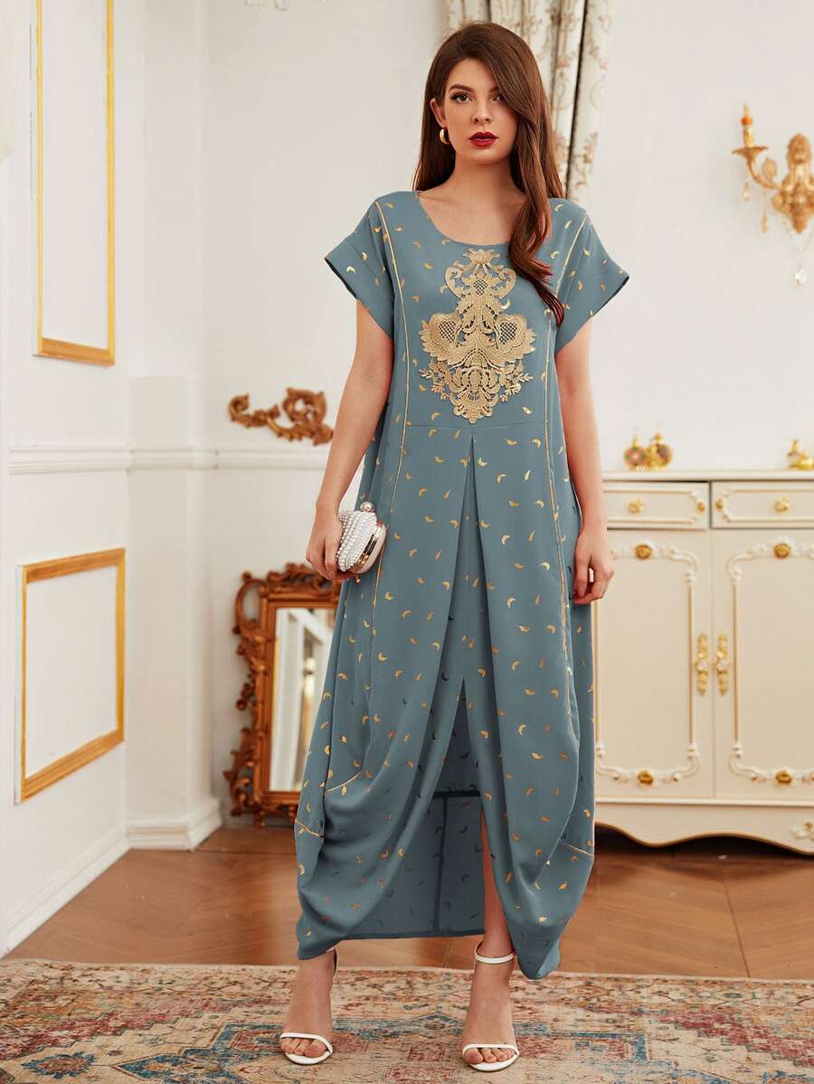 Al Najma Feather Print Contrast Guipure Lace Draped Dress - Dusty Blue - View 1