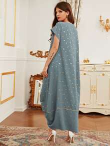 Al Najma Feather Print Contrast Guipure Lace Draped Dress - Dusty Blue - View 2
