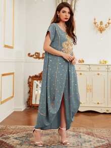 Al Najma Feather Print Contrast Guipure Lace Draped Dress - Dusty Blue - View 3