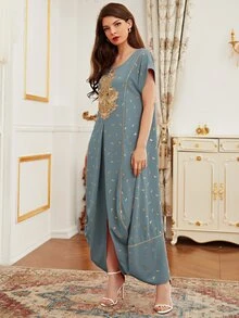 Al Najma Feather Print Contrast Guipure Lace Draped Dress - Dusty Blue - View 5