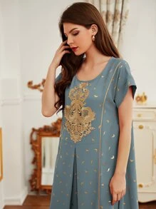 Al Najma Feather Print Contrast Guipure Lace Draped Dress - Dusty Blue - View 6