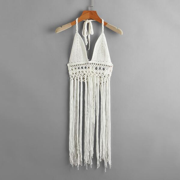 

Fringe Hem Tie Back Cover Up, White