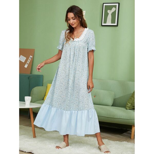 

Ditsy Floral Lace Insert Smock Dress, Baby blue