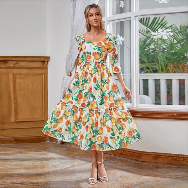 

Orange Print Puff Sleeve A-line Dress, Multicolor