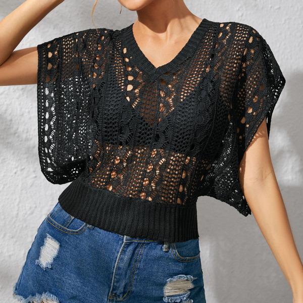

Batwing Sleeve Open Knit Sheer Cover Up Without Bra, Black