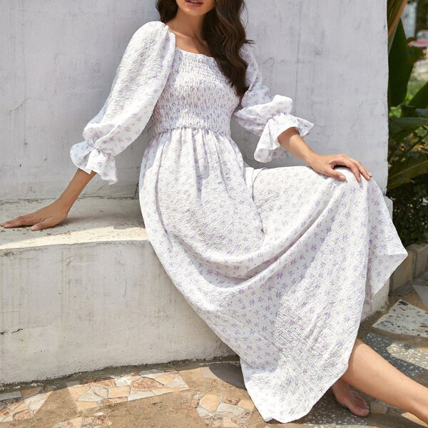 

Ditsy Floral Shirred Flounce Sleeve Flutter Dress, Multicolor