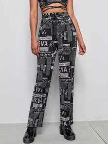 Pantalones tejidos de canalé con estampado de periódico - Blanco y Negro - Ver 1
