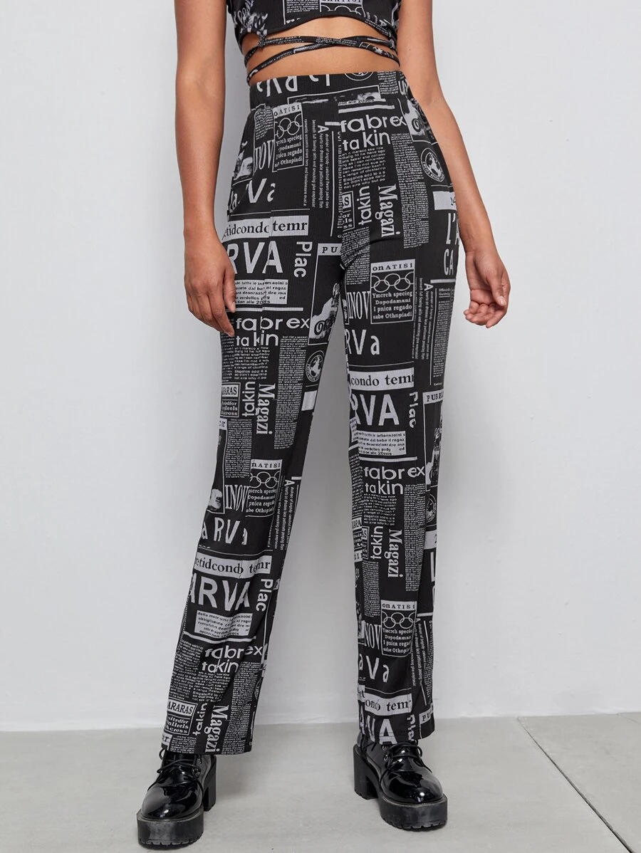 Pantalones tejidos de canalé con estampado de periódico - Blanco y Negro - Ver 1