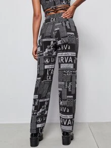Pantalones tejidos de canalé con estampado de periódico - Blanco y Negro - Ver 2