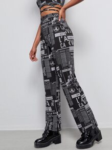 Pantalones tejidos de canalé con estampado de periódico - Blanco y Negro - Ver 3