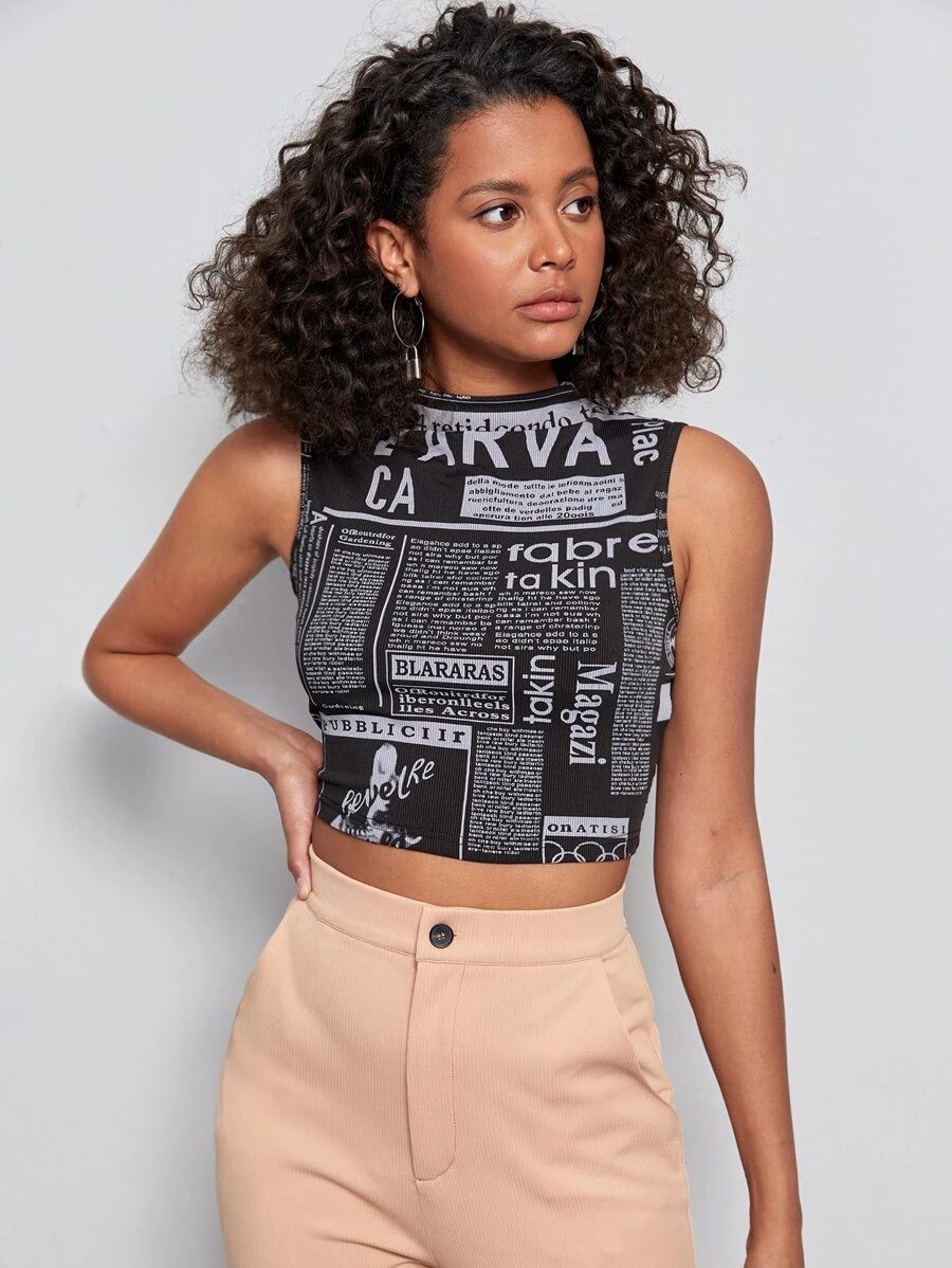 Newspaper Print Rib-knit Tank Top - Black and White - View 1