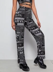 Pantalones tejidos de canalé con estampado de periódico - Blanco y Negro - Ver 5