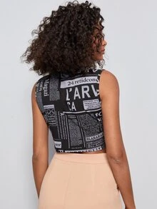 Newspaper Print Rib-knit Tank Top - Black and White - View 2