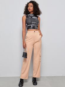 Newspaper Print Rib-knit Tank Top - Black and White - View 3