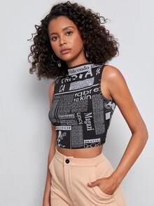 Newspaper Print Rib-knit Tank Top - Black and White - View 4