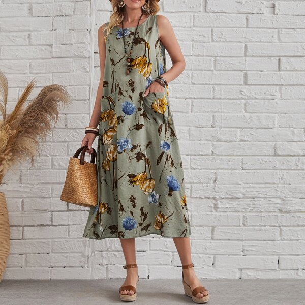 

Pocket Patched Floral Tunic Dress, Multicolor