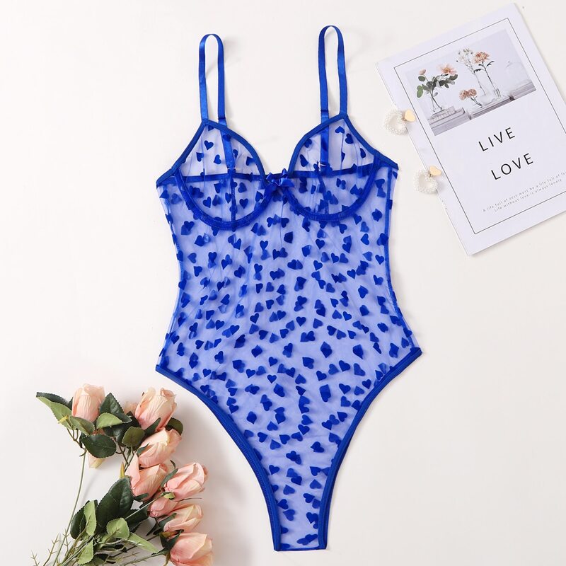 

Heart Pattern Mesh Underwire Teddy Bodysuit, Blue