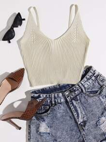 SHEIN Essnce Knit ngọn Gân đan màu trơn Giải trí - Màu be - Xem 1