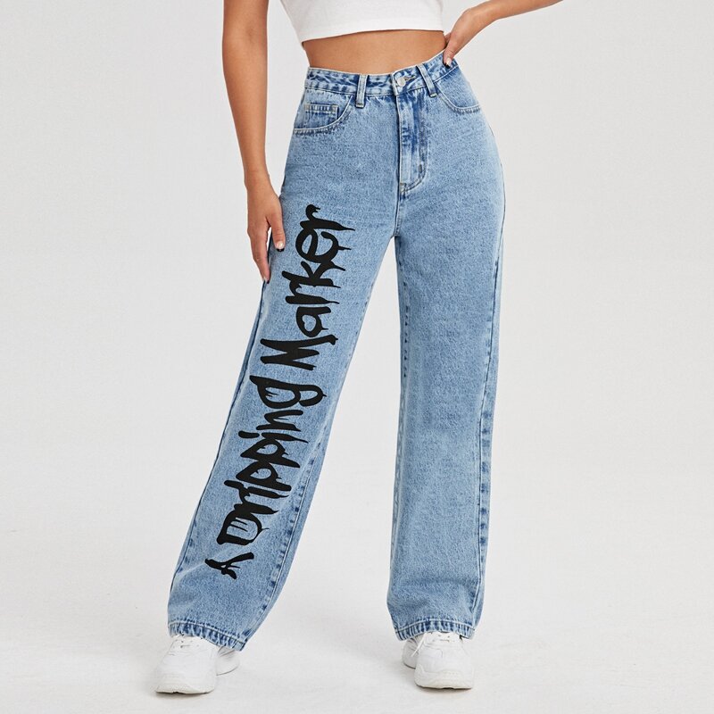 

Letter Graphic High Waist Straight Leg Jeans, Light wash