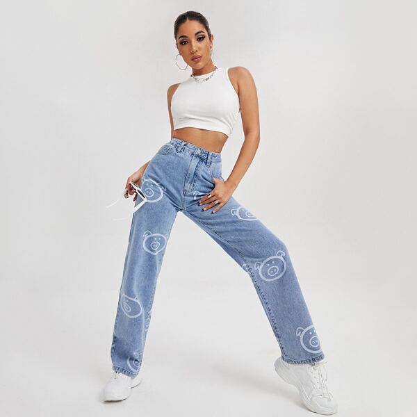 

Pig Print Straight Leg Jeans, Light wash