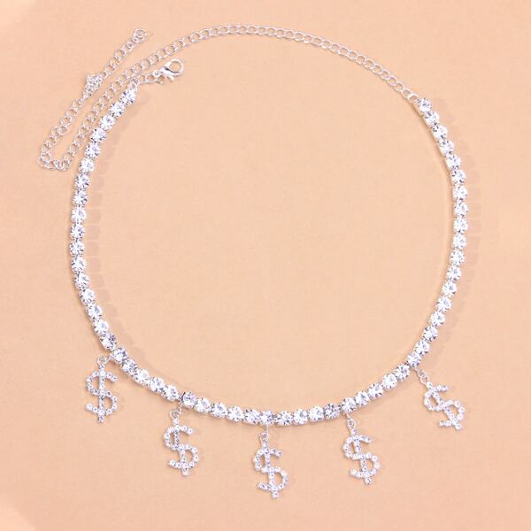 

Rhinestone Dollar Charm Necklace, Silver